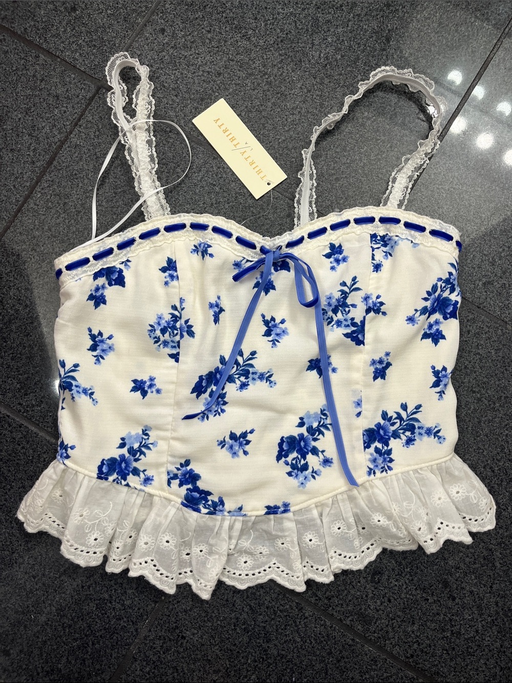 White & Blue Floral Lace-Trim Cami by ALICE+OLIVIA